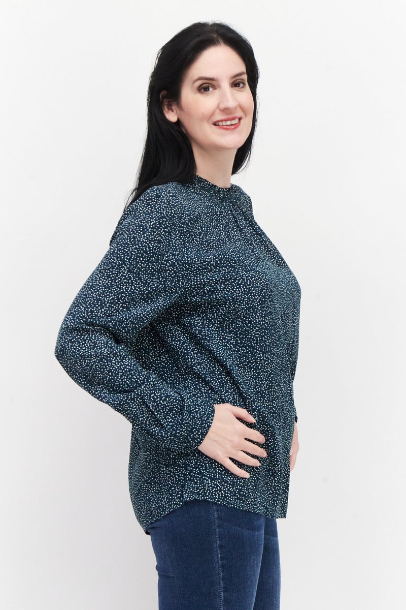 Zero Women Crew Neck Long Sleeve Polka Dot Top, Dark Green - Image 3